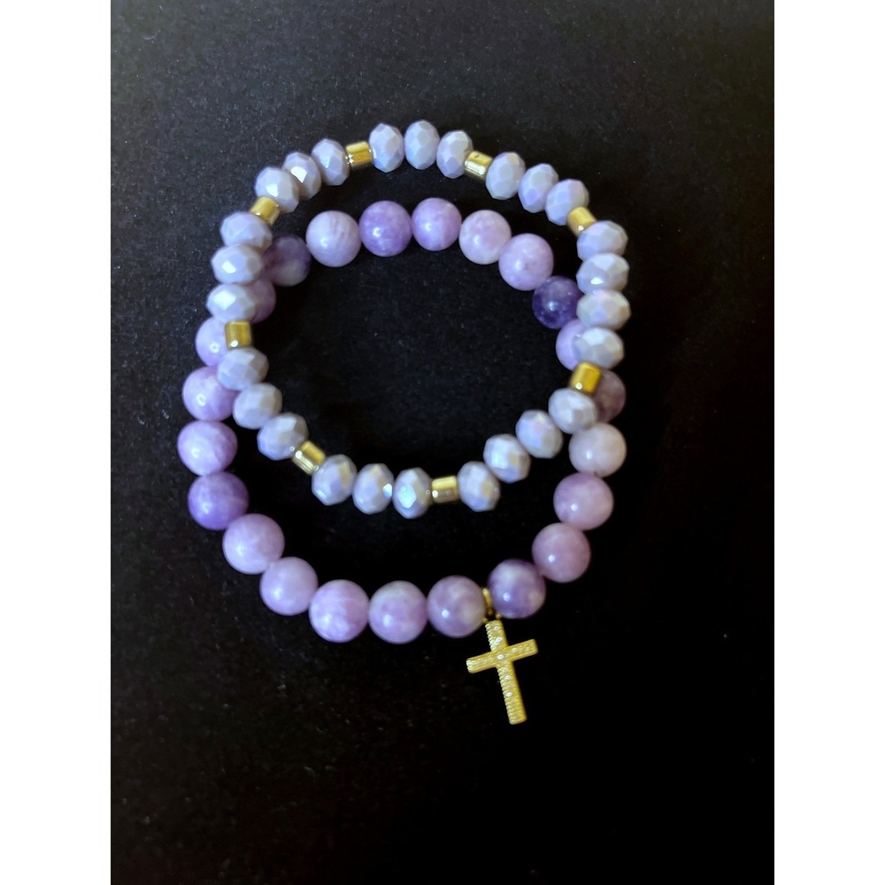 Purple Beaded Bracelet Set Gold Cross Charm Rhinestone Stretch Jewelry 2pc